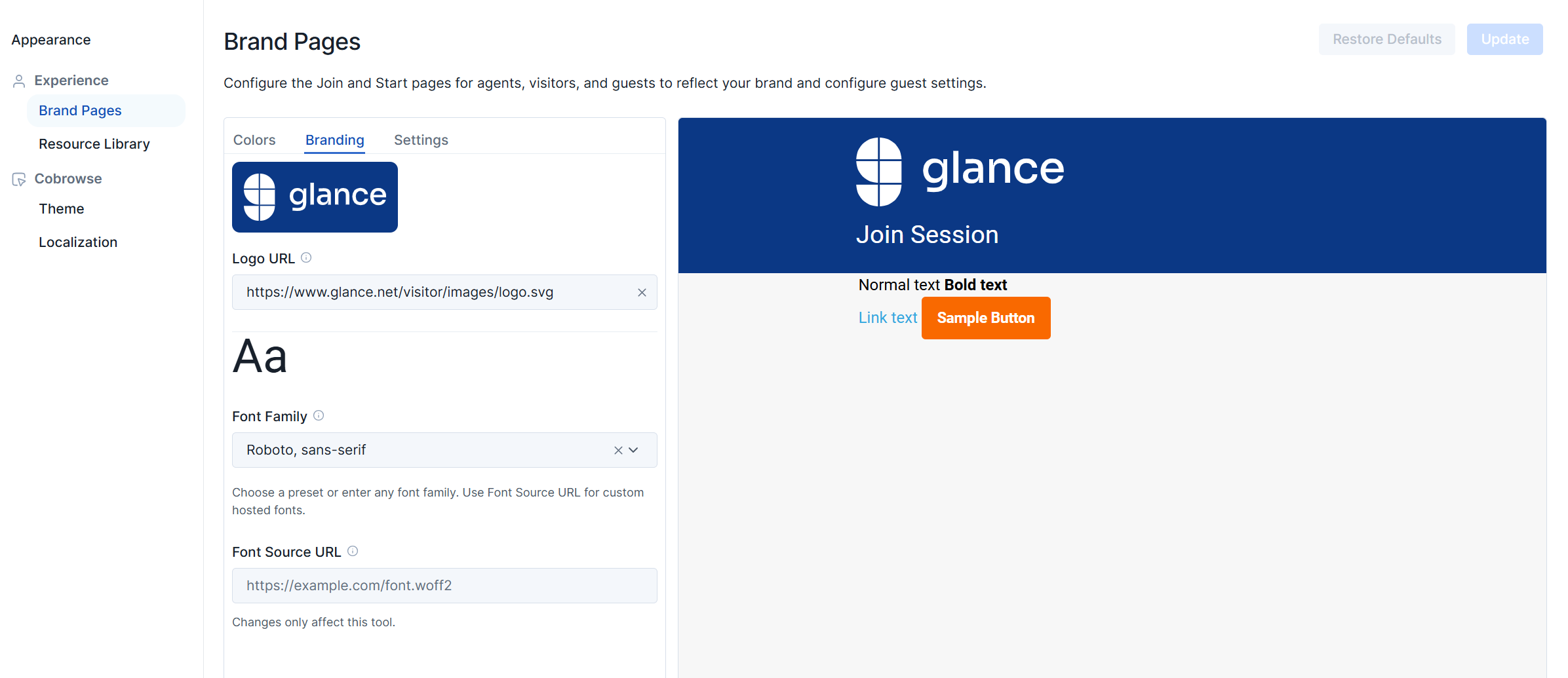 Brand Pages branding configuration