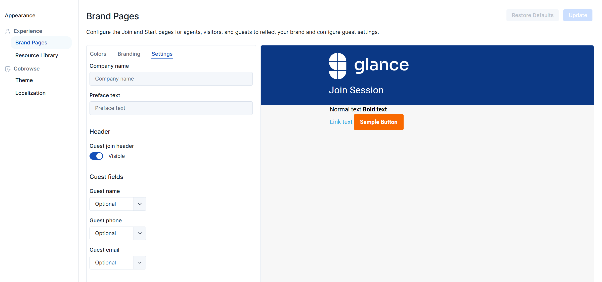 Brand Pages settings configuration