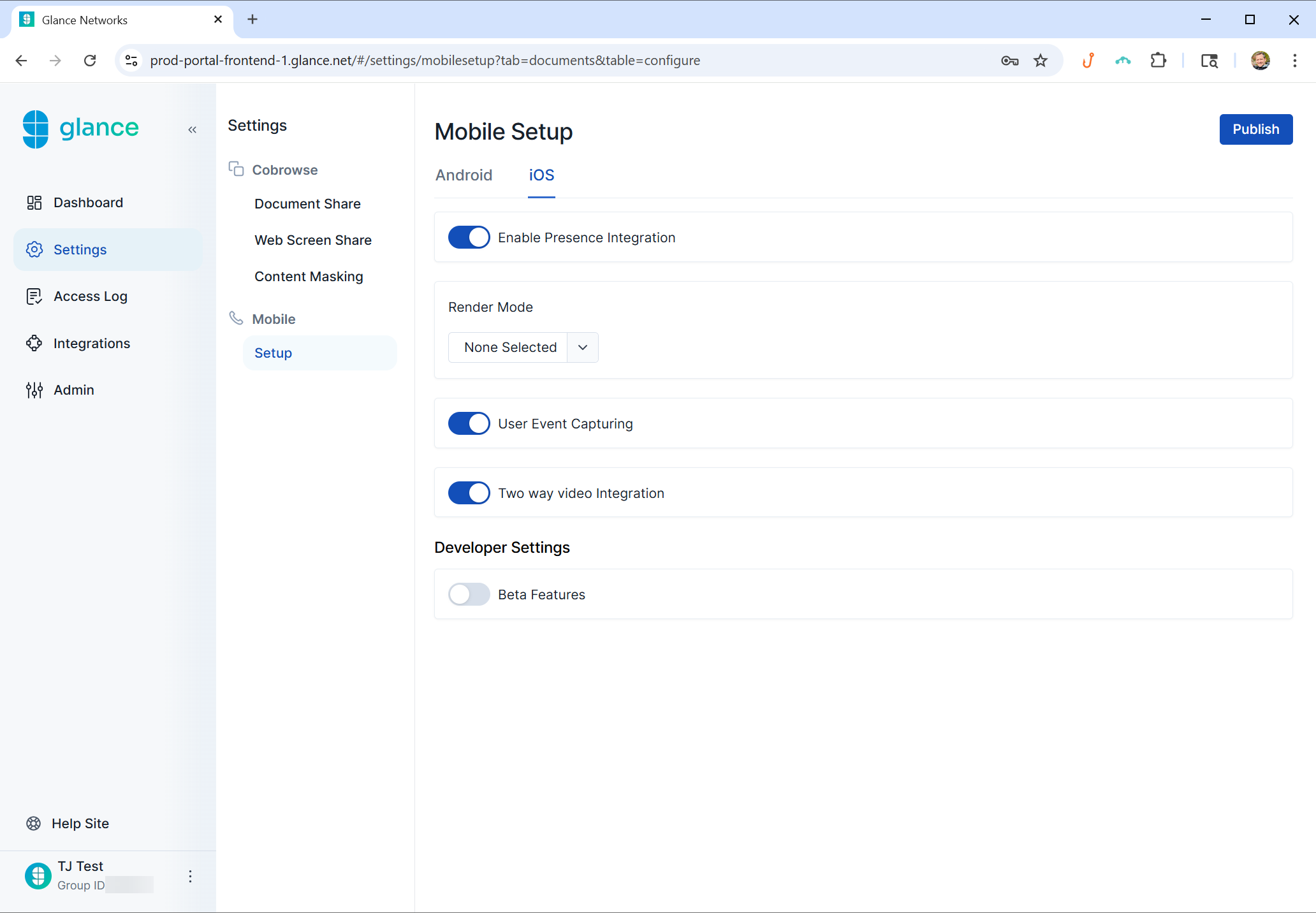 Glance Mobile SDK configuration settings in the Portal