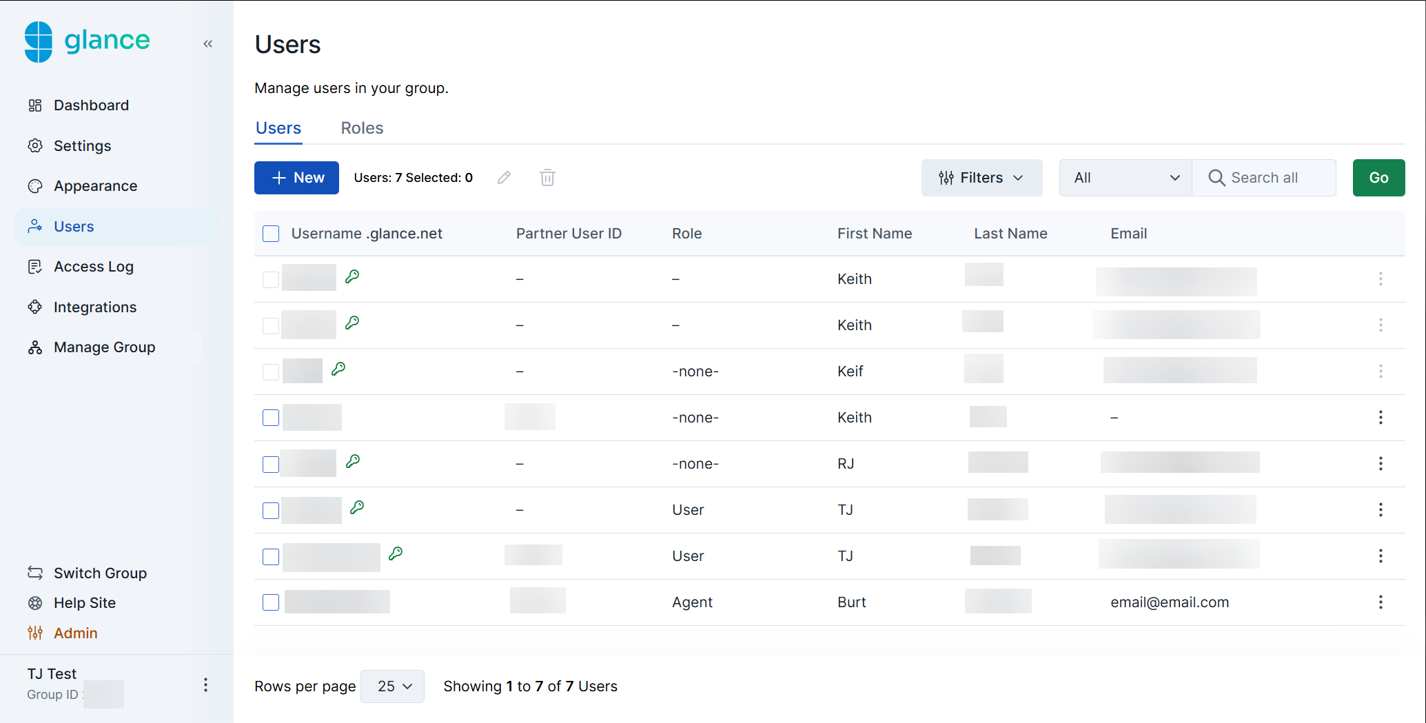 Users section in the Glance Portal