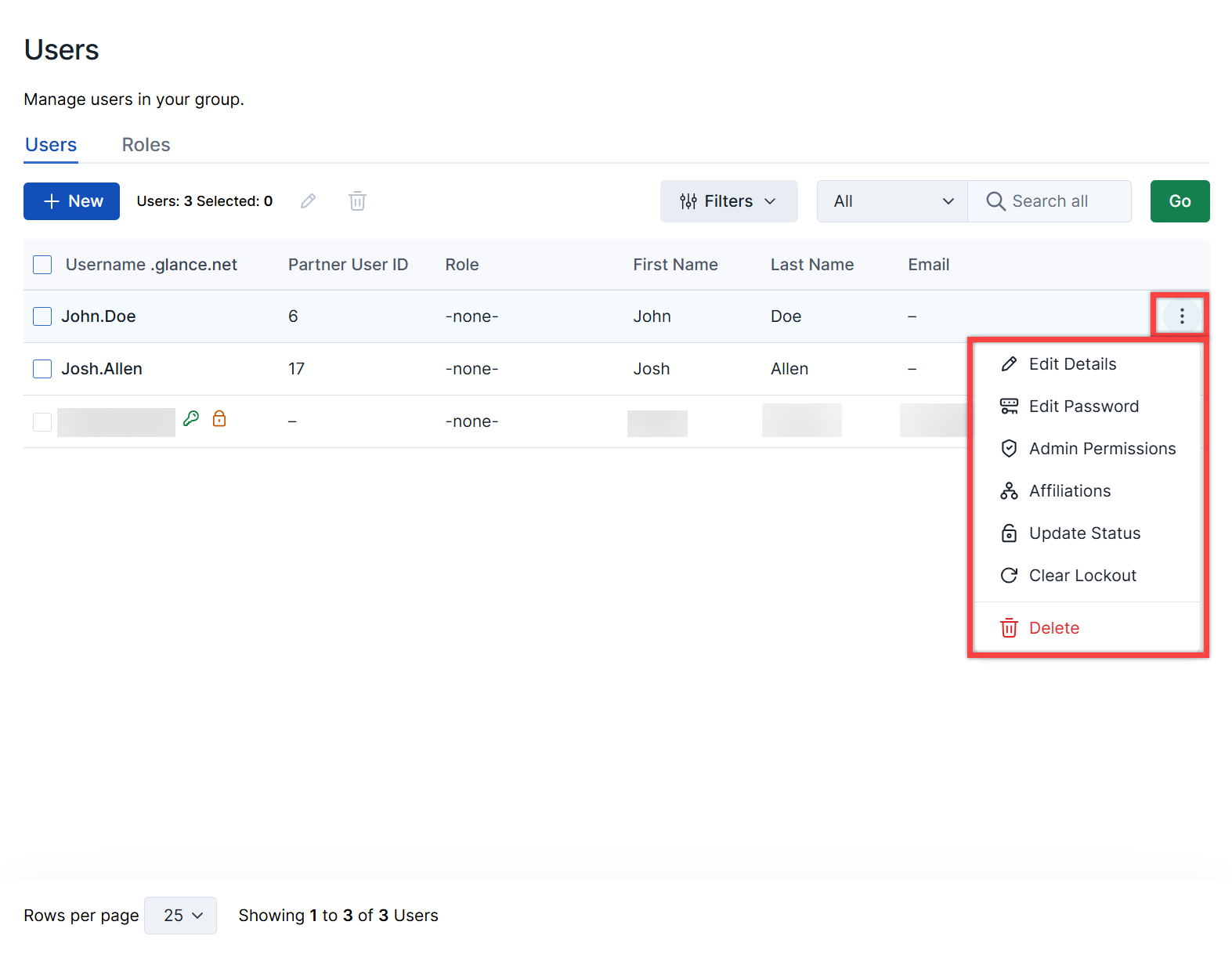 User management menu options