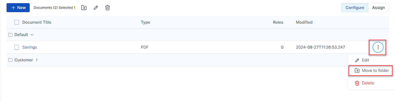 Move document to folder menu