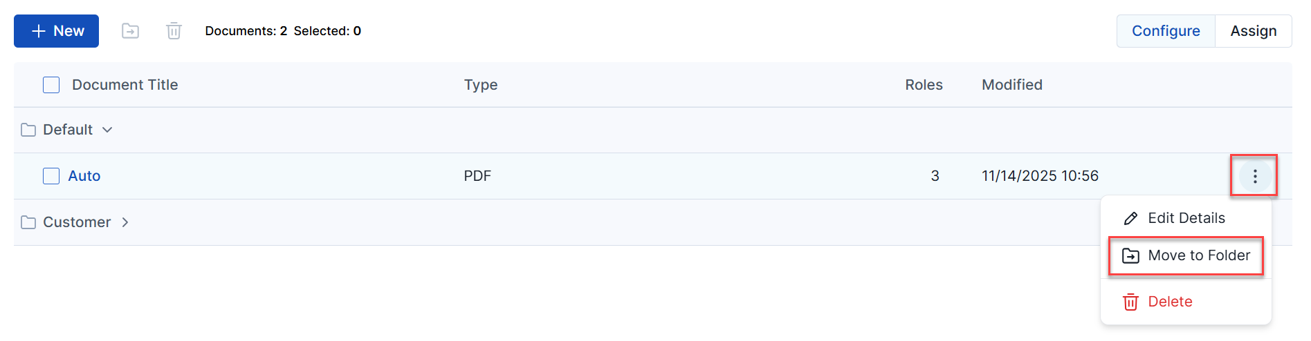 Move document to folder menu