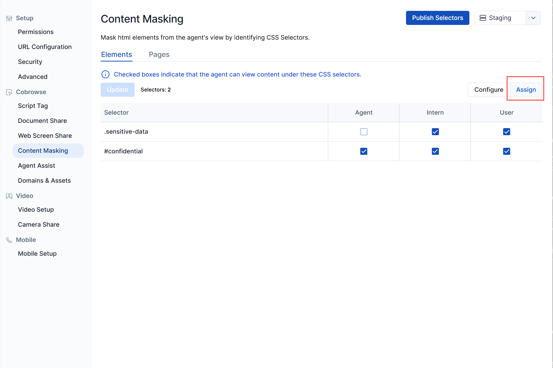 Publish Selectors button for Content Masking