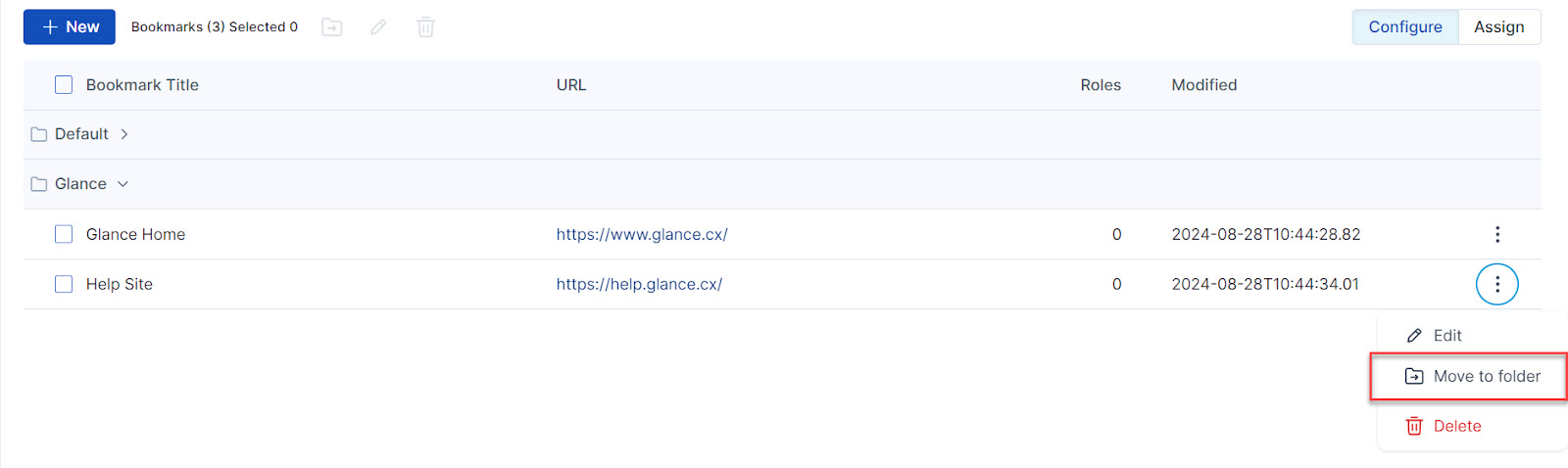 Move to folder option in the bookmark menu