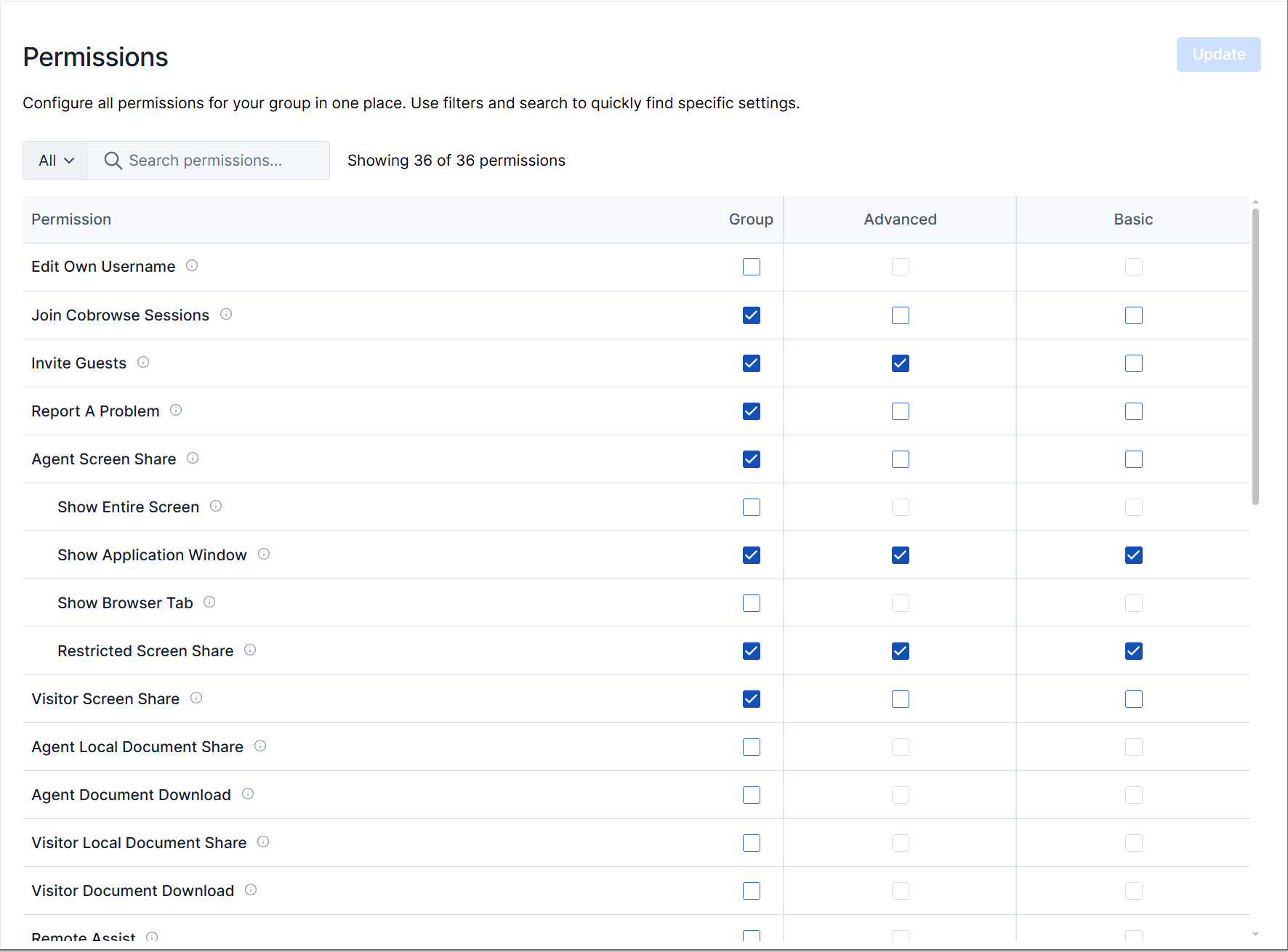 Portal Permissions configuration page