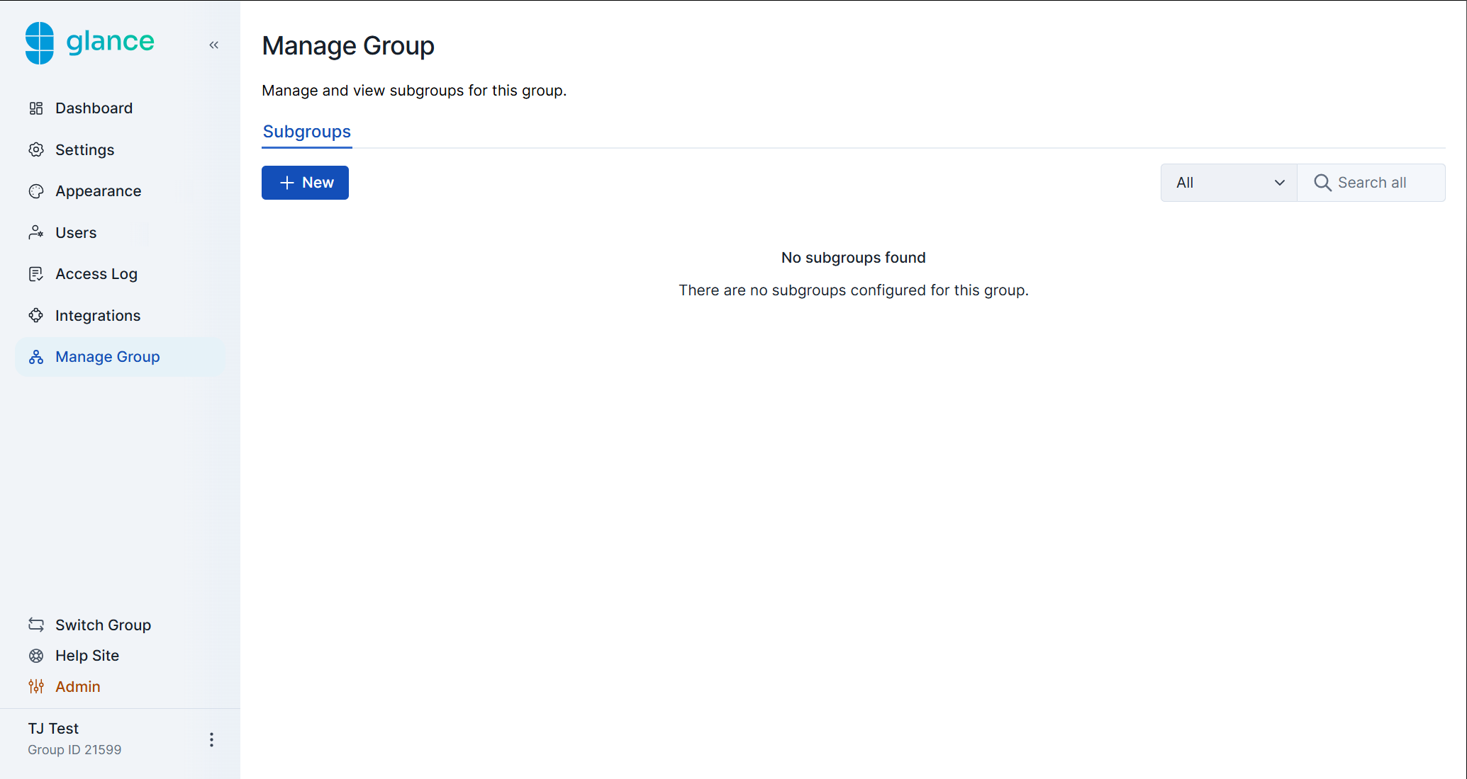 Manage Groups section in the Glance Portal