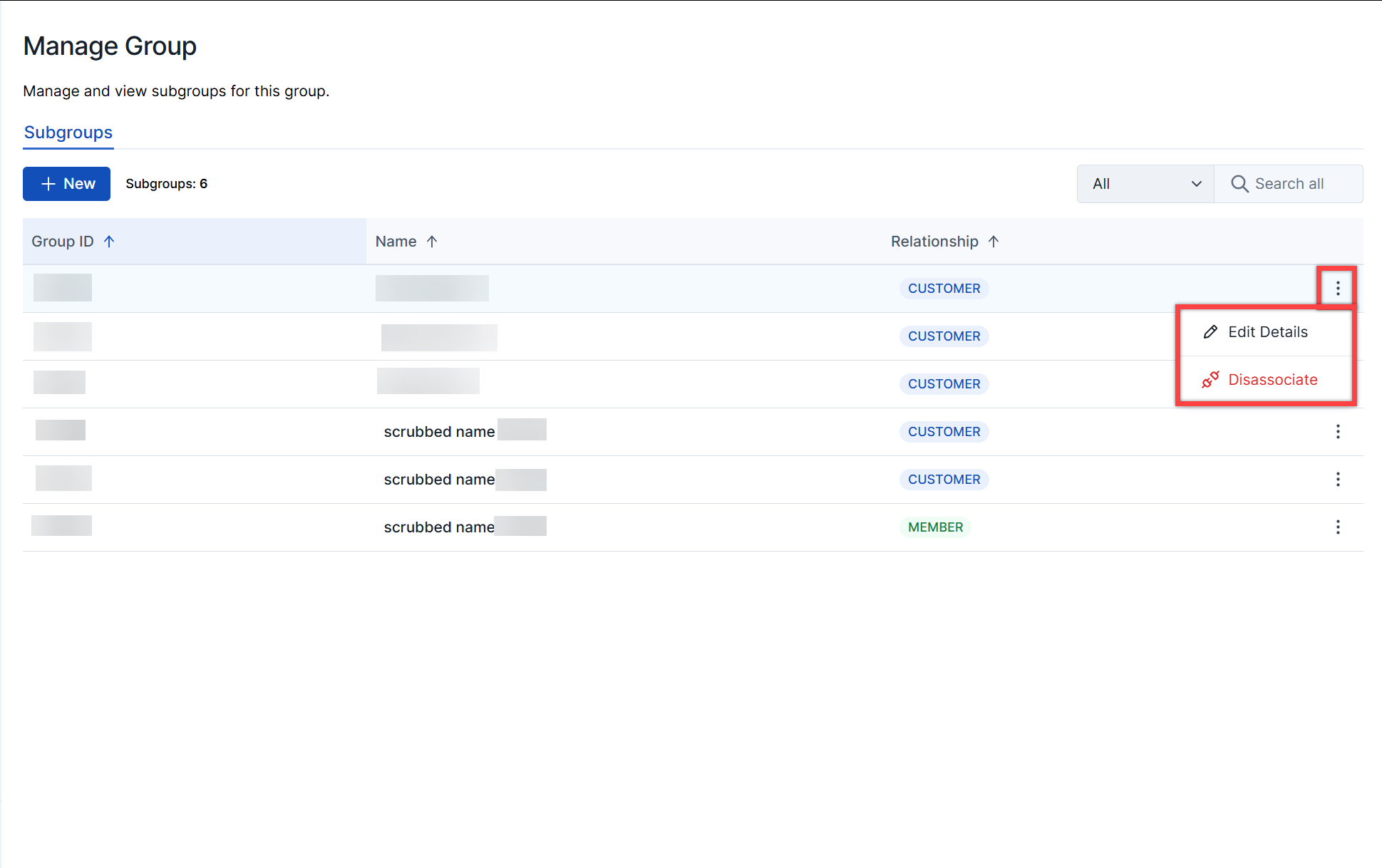 Subgroup management menu options