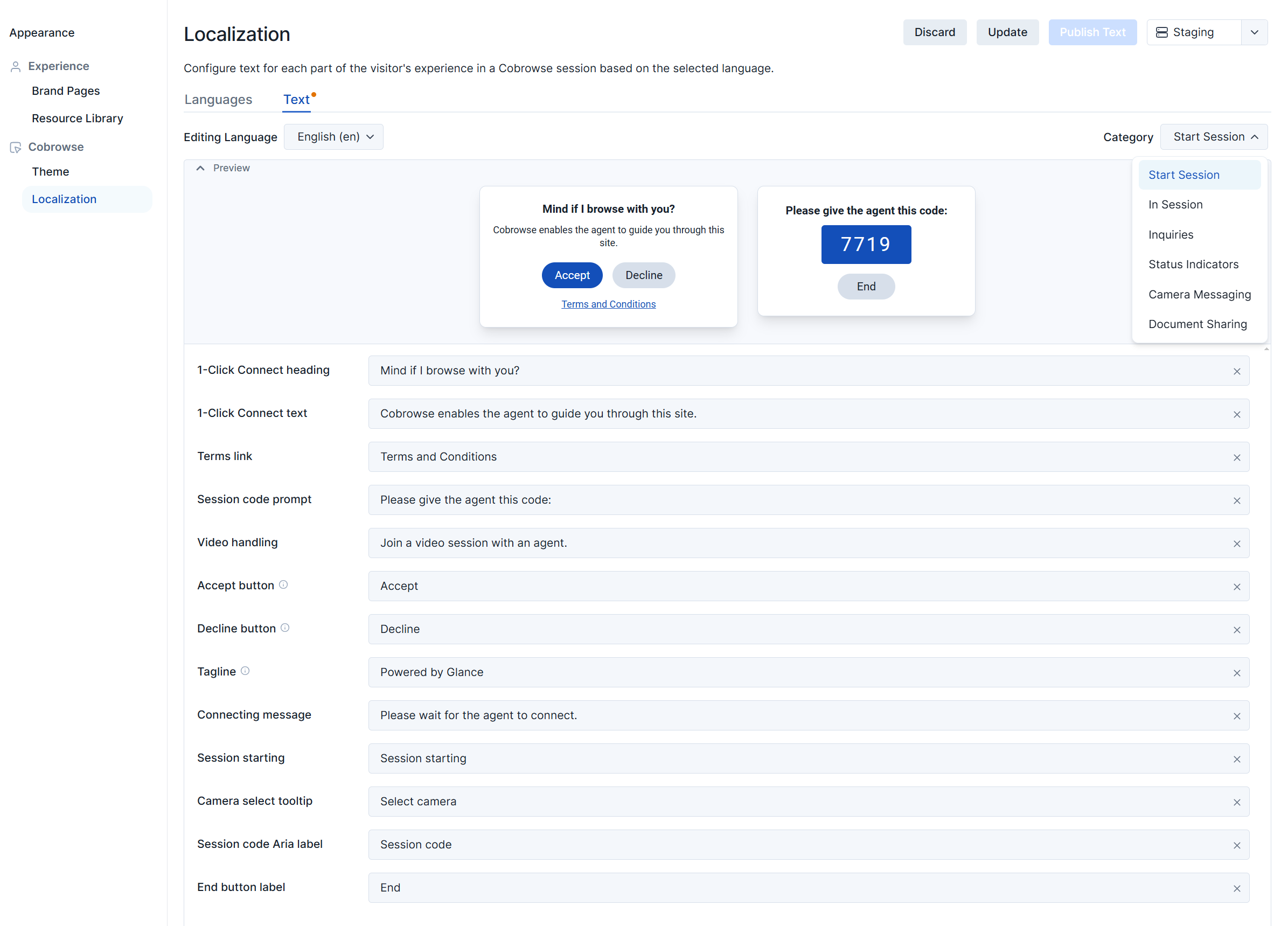 Portal Text customization section