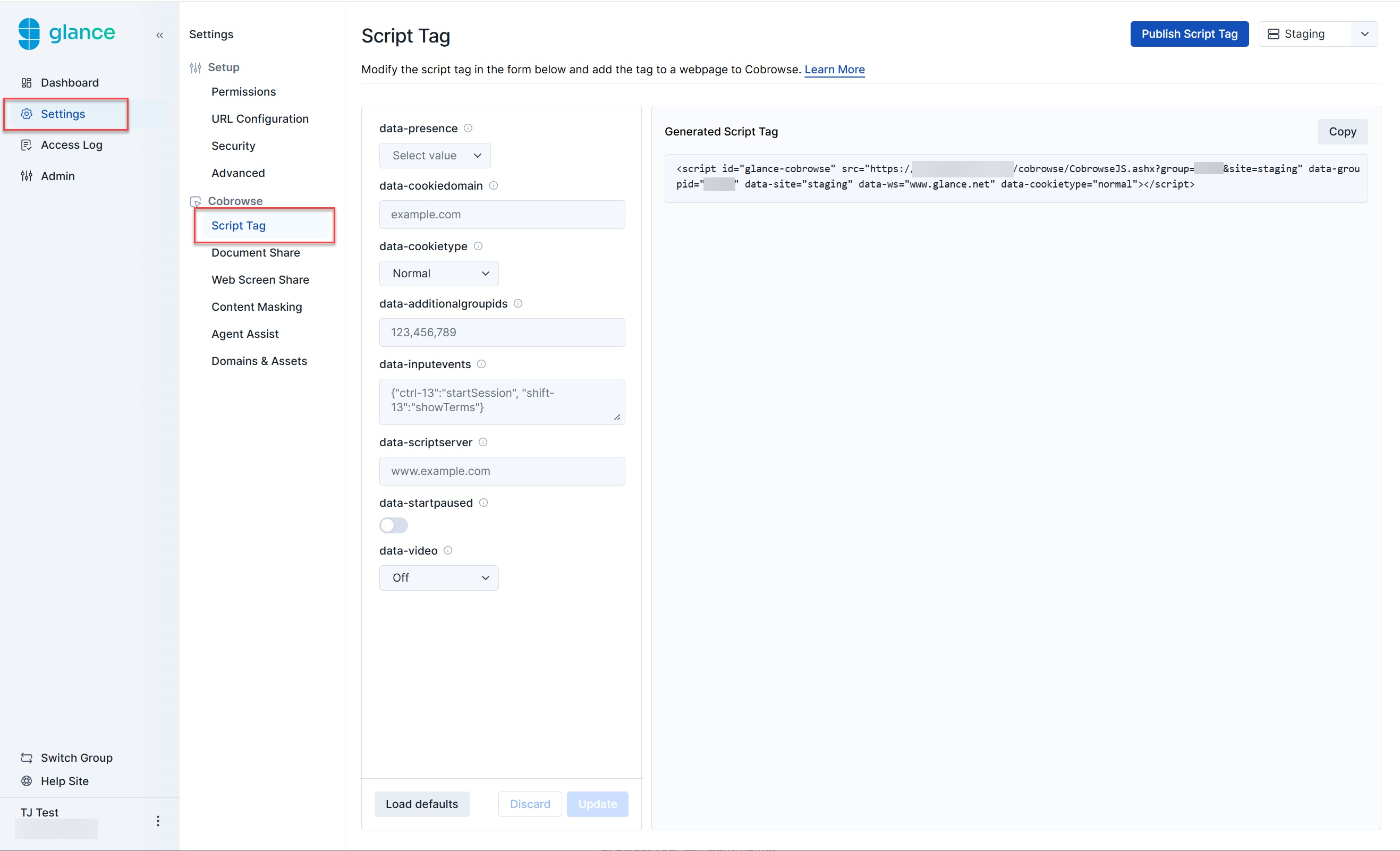 Script Tag generator in the Glance Portal