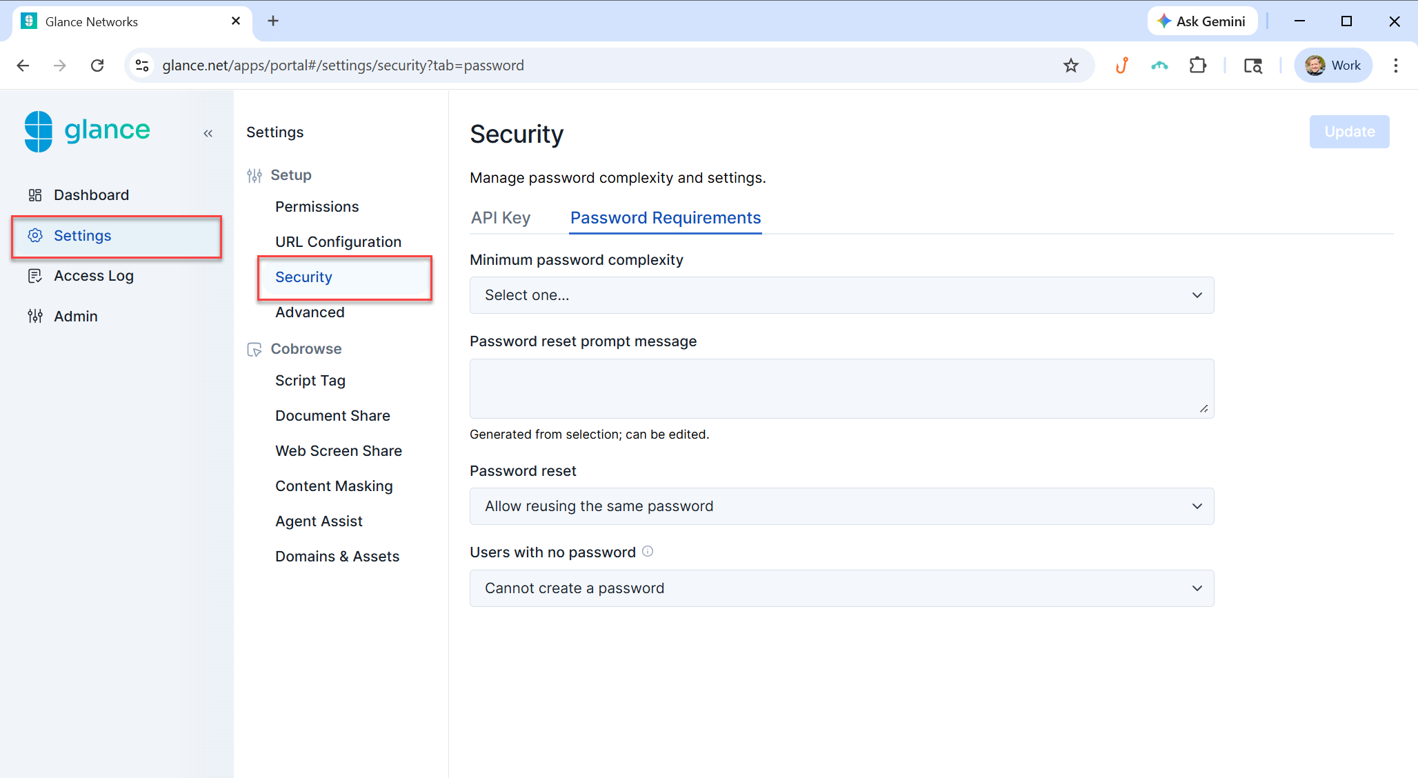 Glance Portal Security settings page